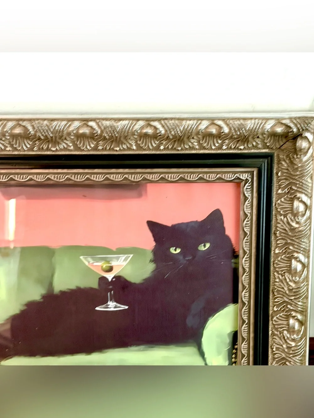 Black Cat Martini Olive Canvas Art Print Green Couch Baroque Ornate Framed Art